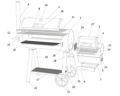 Sprängskiss över en grillrök med numrerade delar.