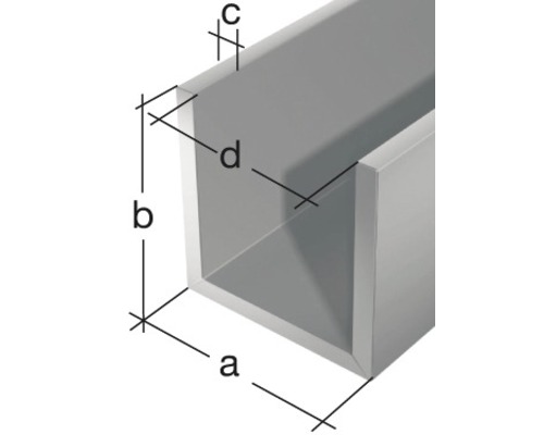 U-profil av aluminium med måttangivelser