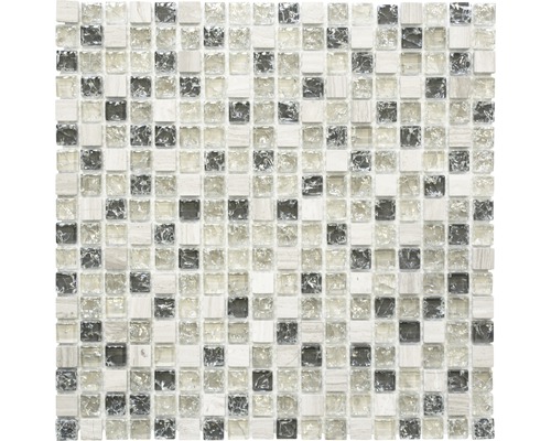 Mosaik glas natursten XIC 1052 grå grön 30,5 x 30,5 cm Mosaikplatta med kvadratiska, blandade glas- och stenelement