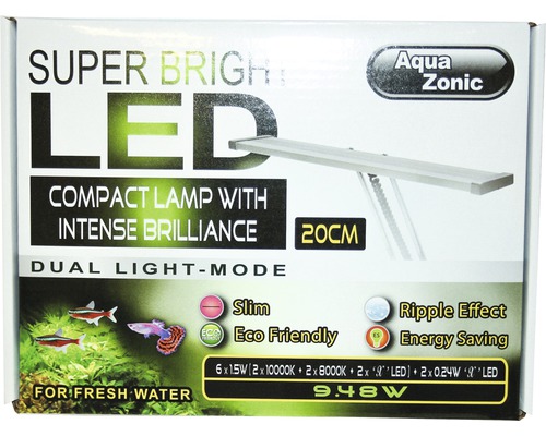 Förpackning för Aquazonic Super Bright LED kompaktlampa med en längd på 20 centimeter för sötvatten