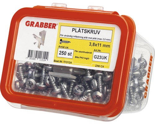 Grabber plåtskruvar 3,8x11 mm, 250 stycken i plastlåda