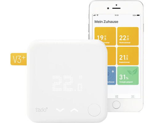 Tado radiatortermostat V3+ bredvid en smartphone med appvisning