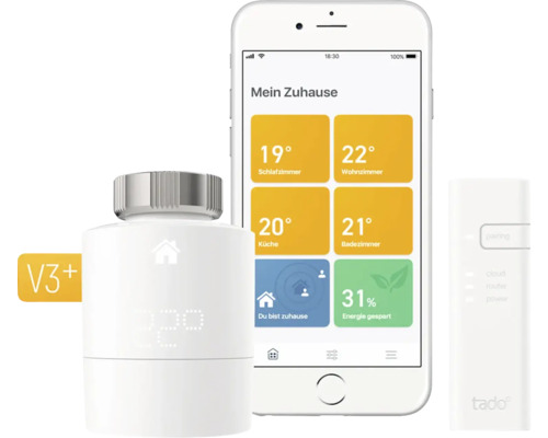Tado Smart radiatortermostat, smartphone och internetbrygga för intelligent värmestyrning