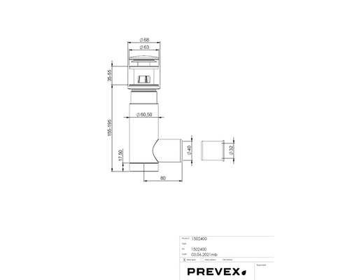 Teknisk ritning av en avloppsventil med måttangivelser