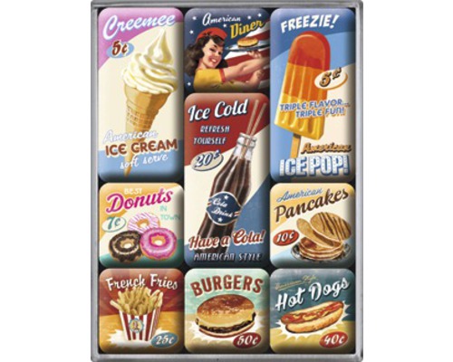 Dekorativ väggbild med amerikanska rätter som glass, munkar och hamburgare