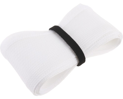 Vit tätningsremsa rullad och fixerad med svart band.