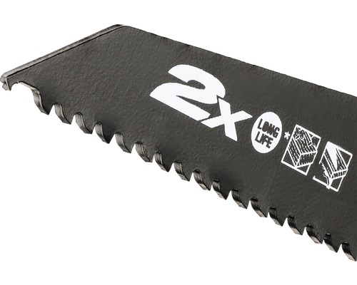 Närbild av ett sticksågsblad med inskriptionen 2x Long Life