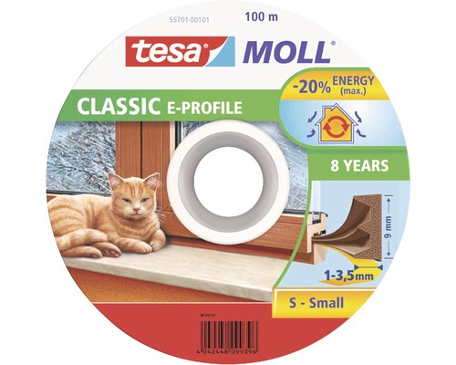 Tätningslist TESA Dörr/fönster E-list vit 100mx9x4mm Tesa Moll Classic E-Profil tätning, 100 meters rulle