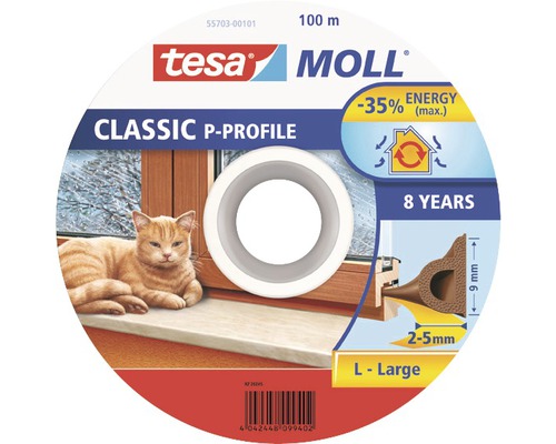 Tätningslist TESA Dörr/fönster P-list vit 100mx9x5,5mm Tesa Moll Classic P-profil tätning, 100 meters rulle