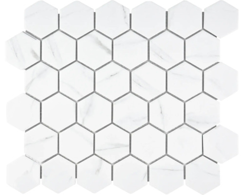 Mosaik keramik Hexagon Carrara CIM HX5 CR vit matt 32,5x28,1 cm Mosaikplatta med hexagonala, marmorerade element