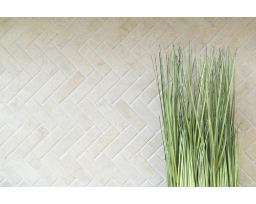 Ljust väggkakel i fiskbensmönster med dekorativt prydnadsgräs