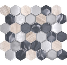 Hexagonformad mosaik av glas och trä
