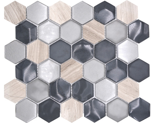Mosaik glas natursten mix Hexagon HXN 22 grå blank 30x30 cm