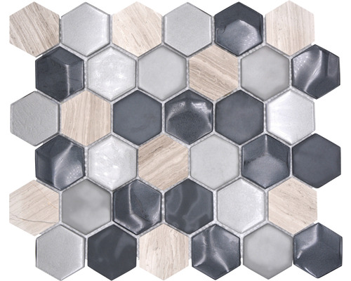 Mosaik glas natursten mix Hexagon HXN 22 grå blank 30x30 cm Hexagonformad mosaik av glas och trä