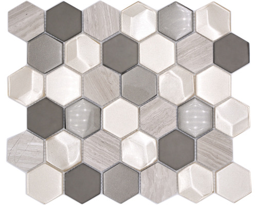 Mosaik glas natursten mix Hexagon HXN 44 grå blank 30x30 cm