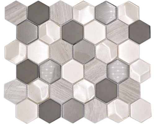 Mosaik glas natursten mix Hexagon HXN 44 grå blank 30x30 cm Mosaikplatta med sexkantigt mönster