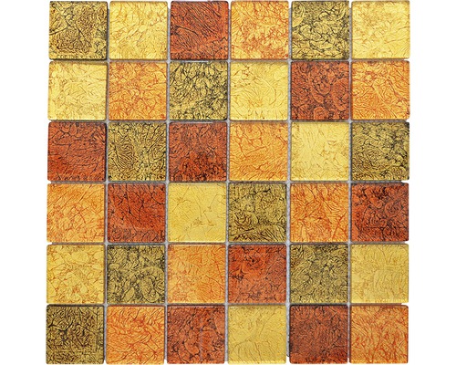 Mosaik glas CM 4AL24 brun guld orange 30 x 30 cm Mosaikplatta med fyrkantiga stenar i olika nyanser