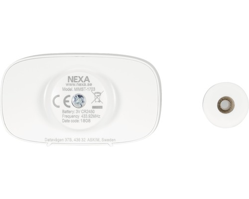 Nexa-logotyp med CE-märkning och information om batteriet