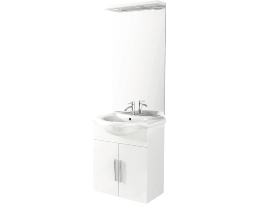 Vitt tvättställ med spegel och underskåp för badrummet