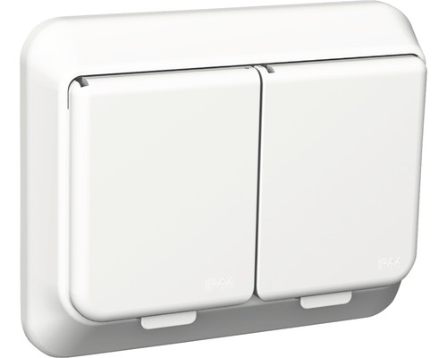 Vägguttag SCHNEIDER ELECTRIC Exxact 2-vägs med lock, IP44, jordat, vit, 1821091 Dubbeluttag för fuktiga utrymmen med lock
