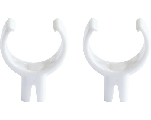 Två vita plaströrklammer för rörfästning.