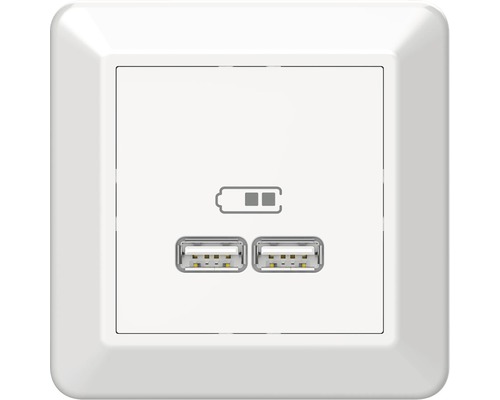 ELKO RS USB 2.1 ladduttag, 5V, 2 utgångar max 2,1 A eller 2x1,05A, vit, 5206400 Uttag med två USB-portar och batterisymbol