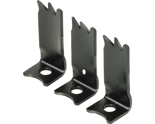 Tre metallvinklar med tänder och fästhål