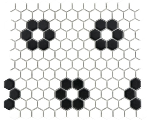 Mosaik keramik Hexagon HX 030 vit svart matt 26x30 cm Mosaikplatta med hexagonala element och blomstermönster