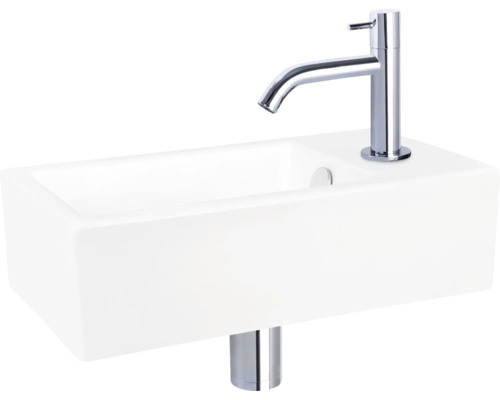 Rektangulärt tvättställ för bänkmontage i keramik med blandare