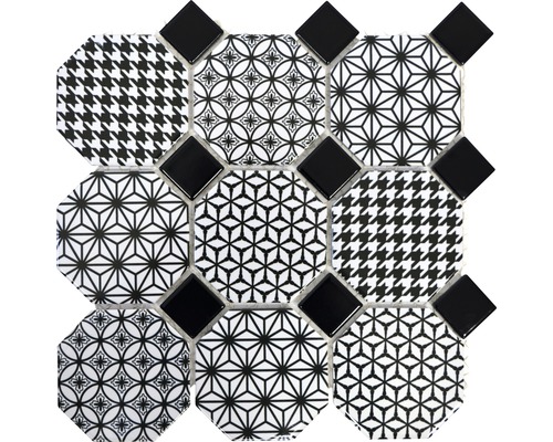Mosaik keramik oktagon Octa MISTO svart vit blank 30x30 cm Mosaikmatta med olika mönster och former