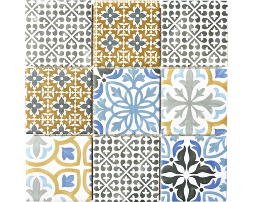 Mosaik Porto Quadrat Classico 30x30 cm mix matt Nio dekorativa plattor med blommönster