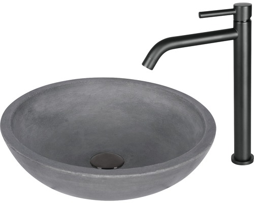 Rund tvättställsskål i betong med blandare