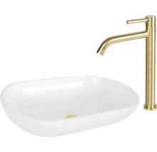 Tvättställ för bänkmontage i keramik med guldfärgad tvättställsblandare