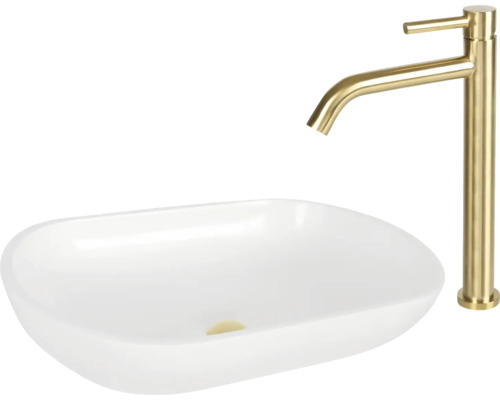 Tvättställ för bänkmontage i keramik med guldfärgad tvättställsblandare
