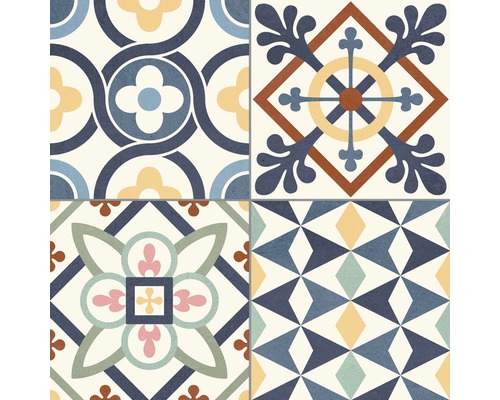 Kakel med olika geometriska och blommönster