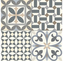 Kakel med olika geometriska och blommiga mönster