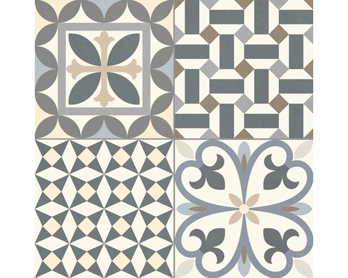 Kakel med olika geometriska och blommiga mönster