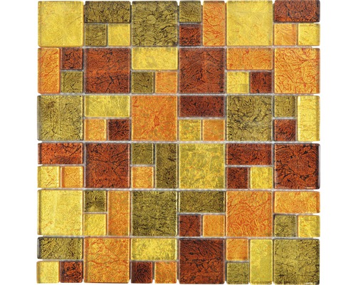 Mosaik glas XCM 8AL49 brun guld orange 30 x 30 cm Mosaikplatta med rektangulära och kvadratiska glasstenar