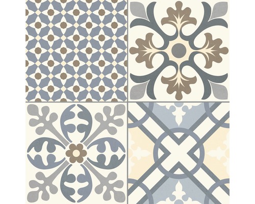 Kakel med diverse blommiga och geometriska mönster