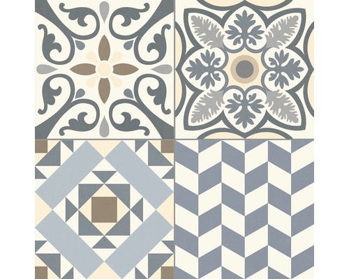 Dekorativa golvplattor med blommiga och geometriska mönster