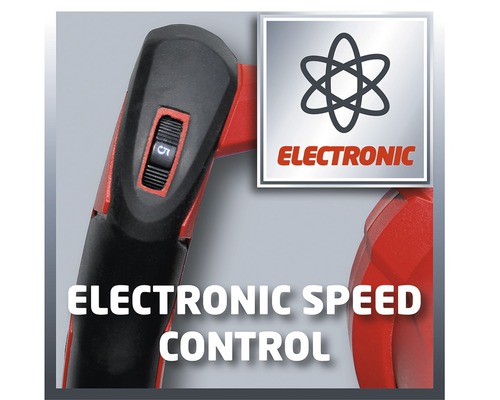 Närbild av en borrmaskin med elektronisk hastighetsreglering och motsvarande symbol