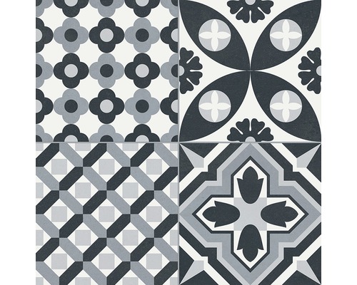 Kakel med olika geometriska och blommiga mönster