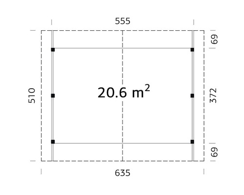 Planritning med mått, yta 20,6 kvadratmeter