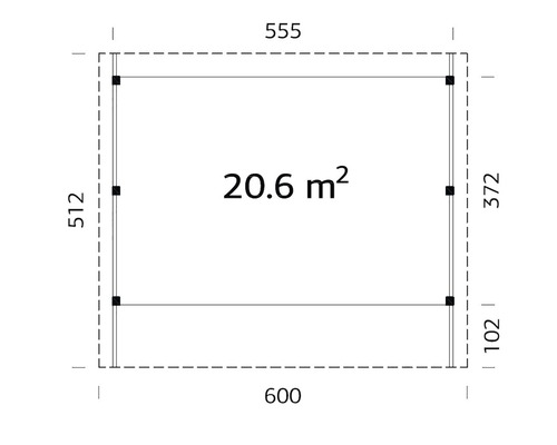 Planritning med ytangivelse 20.6 kvadratmeter och måttangivelser i millimeter