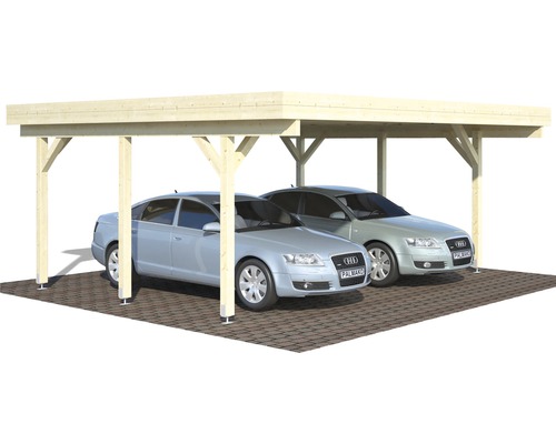 Dubbel carport av trä med två parkerade bilar