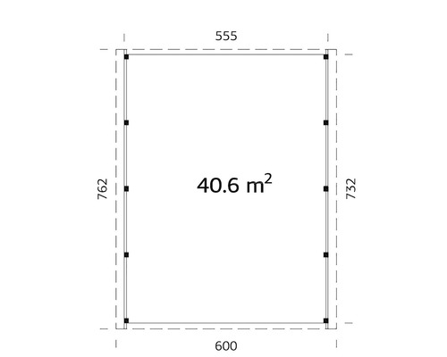 Planritning med måtten 555, 600, 732 och 762 samt en yta på 40,6 kvadratmeter