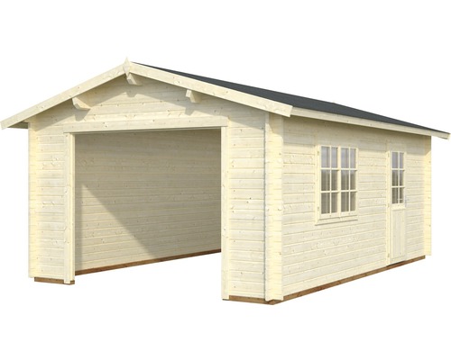 Garage i trä med fönster och dörr