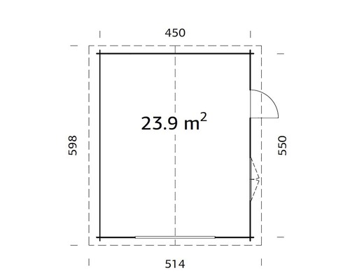 Ritning av ett trädgårdshus med måtten 450 x 514 x 598 x 550 och en yta på 23,9 kvadratmeter.