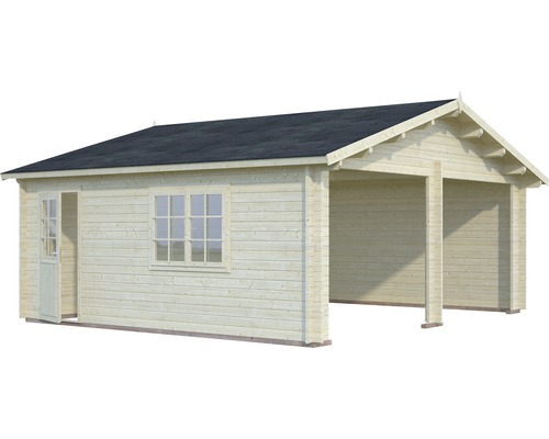 Garage i trä med tillbyggnad, dörr och fönster