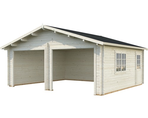 Dubbelgarage av trä med dörr och fönster